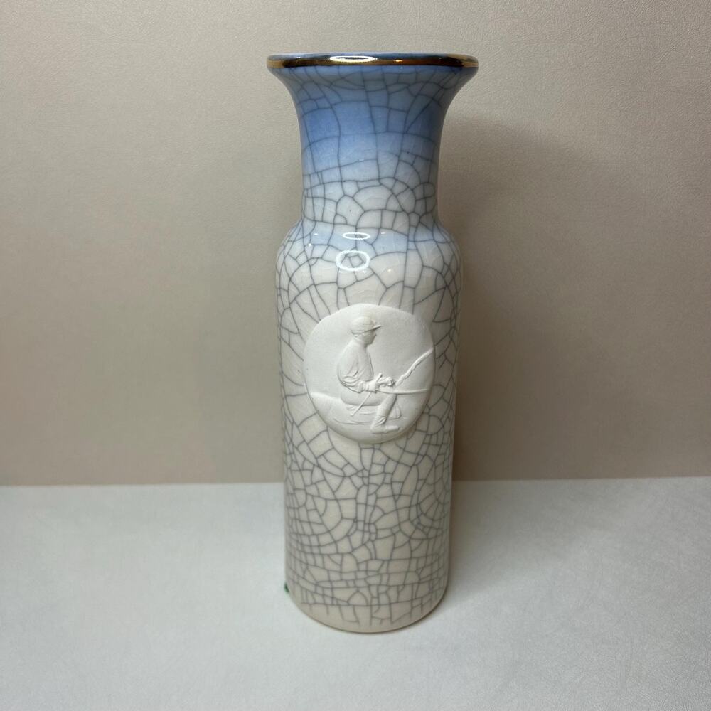 Vintage Blue Crackle Glaze Studio Pottery Vase, Jockey on Horse